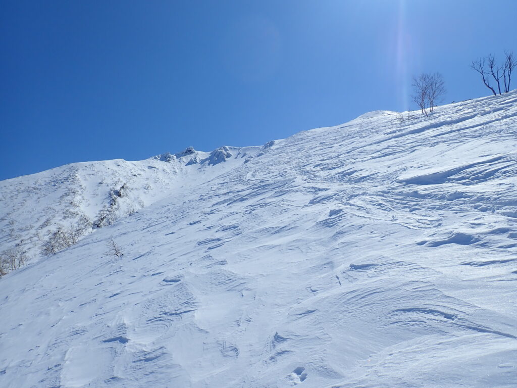 勾配もだいぶ増し固い雪となってきましたので、そろそろこの辺(標高1,430m)から滑走準備に入ります。