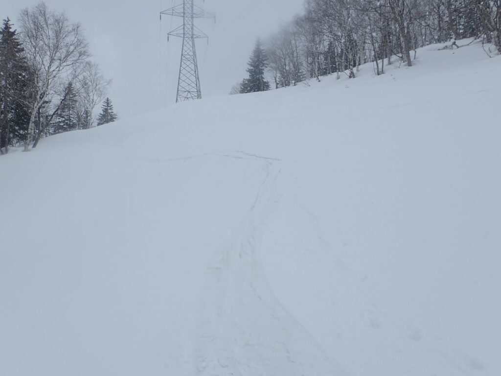 鉄塔付近から気持ちよく滑ってきましたが途中から残念ながらストップ雪となりました。