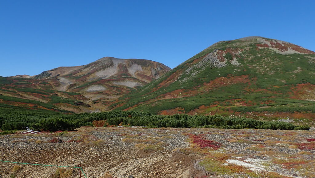 凌雲岳(手前)と北鎮岳(後方)がだんだん大きくなってきました。