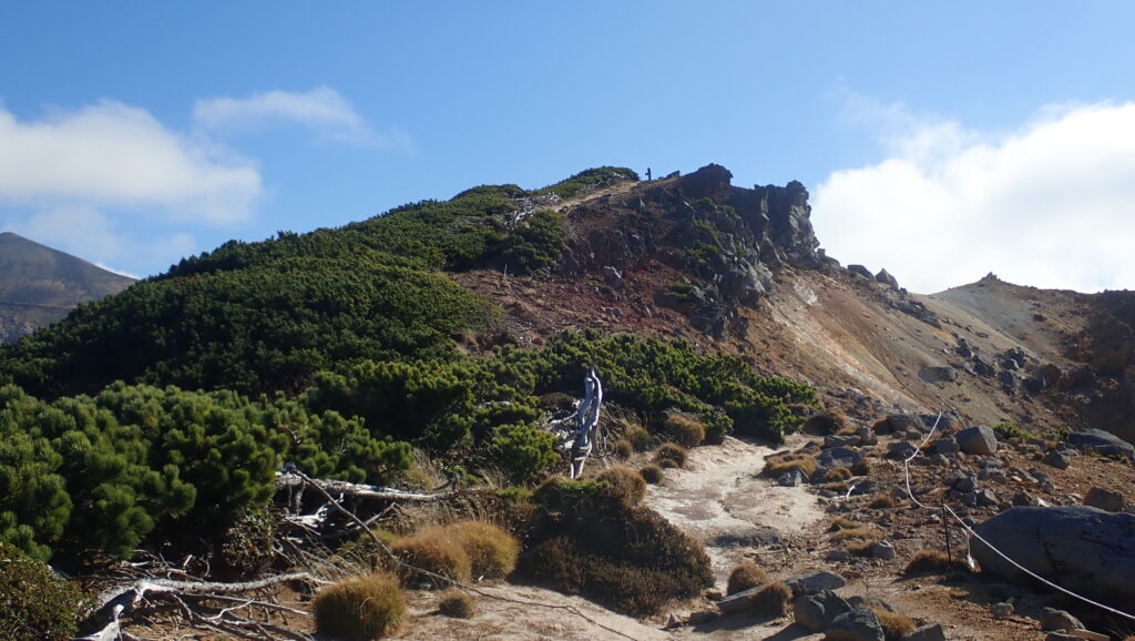 下山は早いです。山頂標識が遠くなりました。