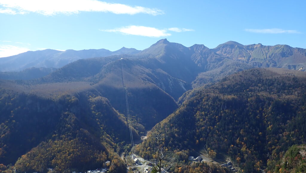 黒岳ロープウェイとその右後ろが黒岳

山々が良く見えます。